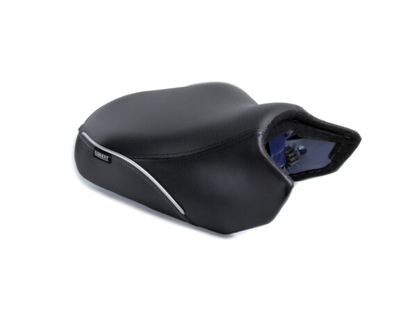 Sargent's World Sport Performance Plus Aftermarket Motorcycle Seat for the 2023+ R 1200 GS TALL Front Only Seat with DTX and silver accents.